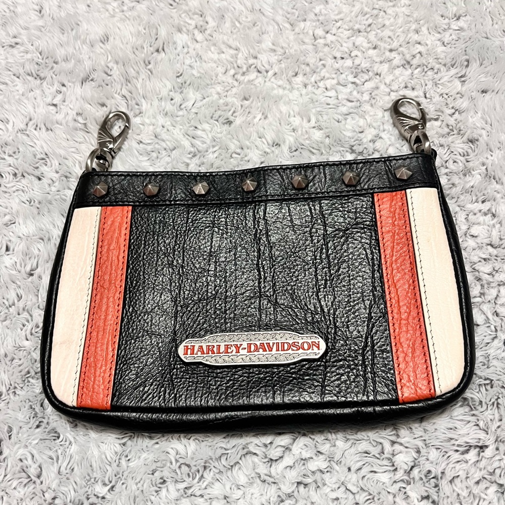 Harley Davidson clip pouch, black, orange and tan.